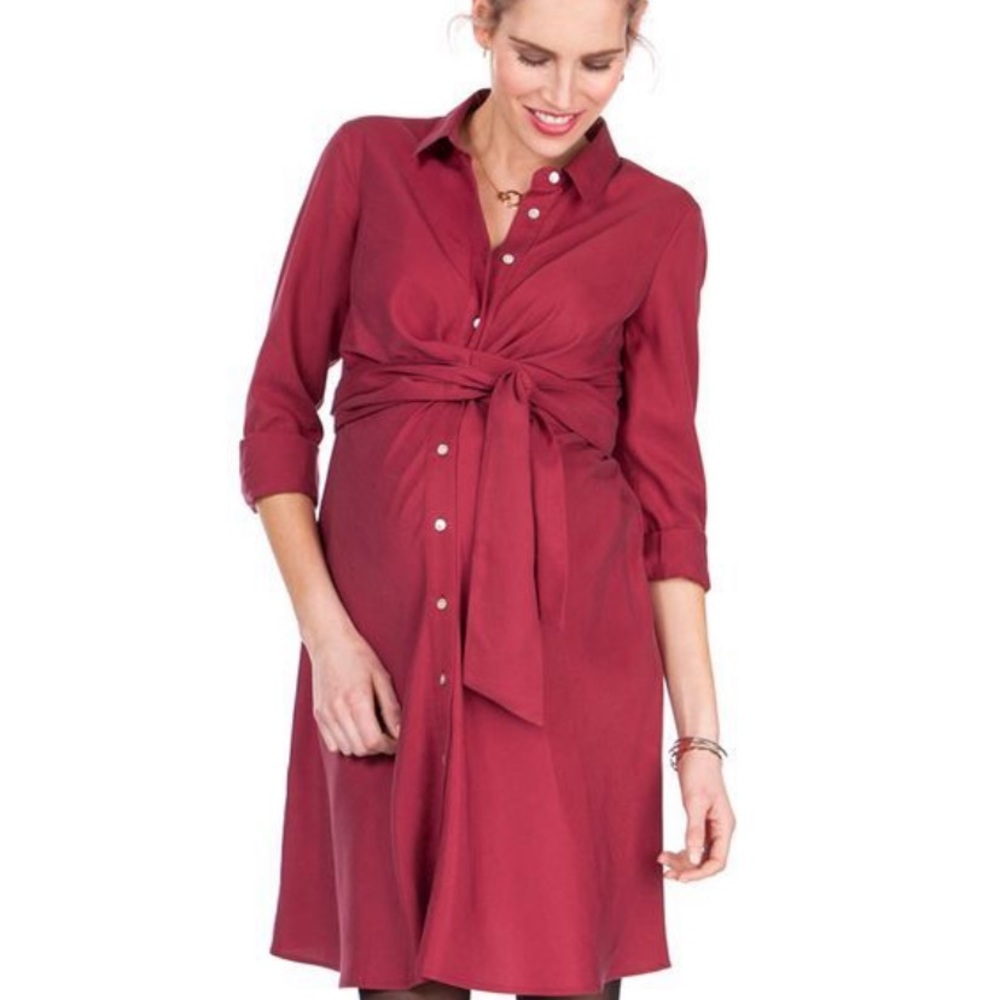 Seraphine size 6 maternity shirt dress; burgundy with a tie waist.
